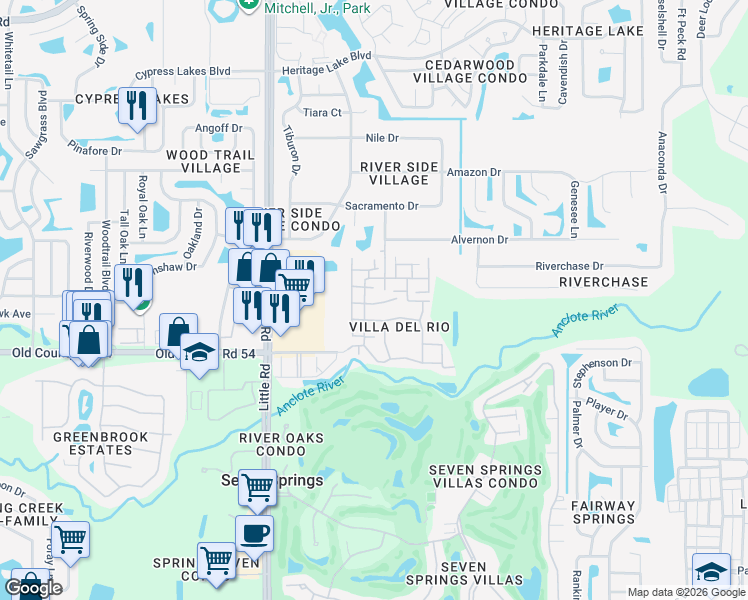map of restaurants, bars, coffee shops, grocery stores, and more near 9243 Estrella Court in New Port Richey