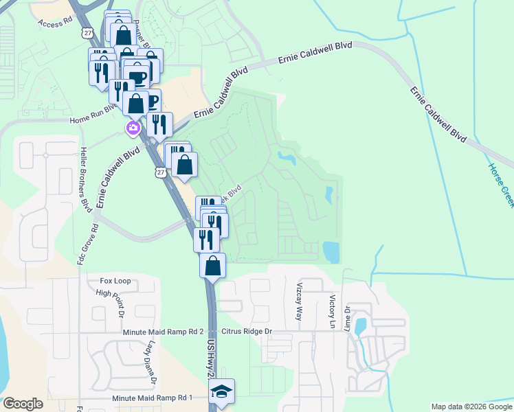 map of restaurants, bars, coffee shops, grocery stores, and more near 85 Championship Drive in Davenport