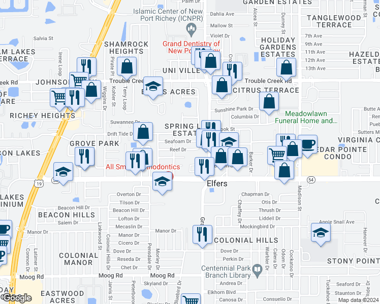 map of restaurants, bars, coffee shops, grocery stores, and more near 5420 Reef Drive in Port Richey