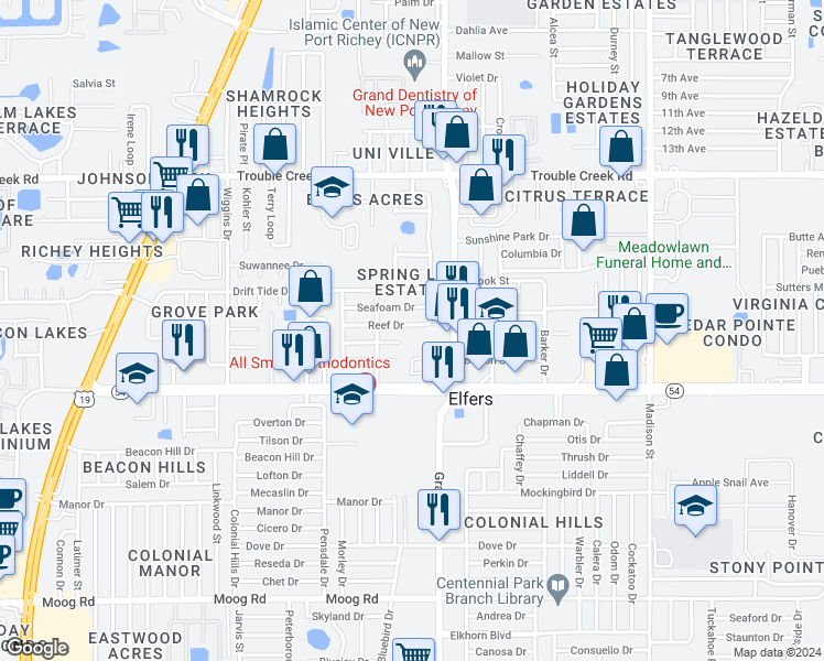 map of restaurants, bars, coffee shops, grocery stores, and more near 5420 Reef Drive in New Port Richey