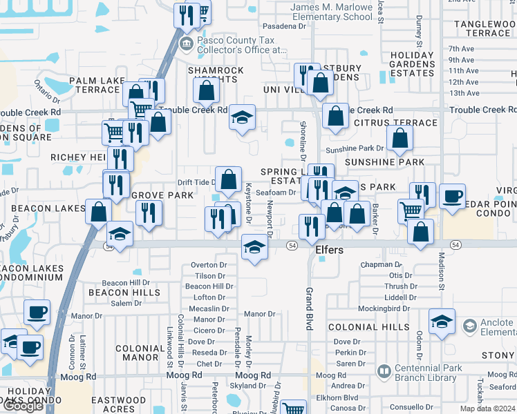 map of restaurants, bars, coffee shops, grocery stores, and more near 5304 Reef Drive in Port Richey