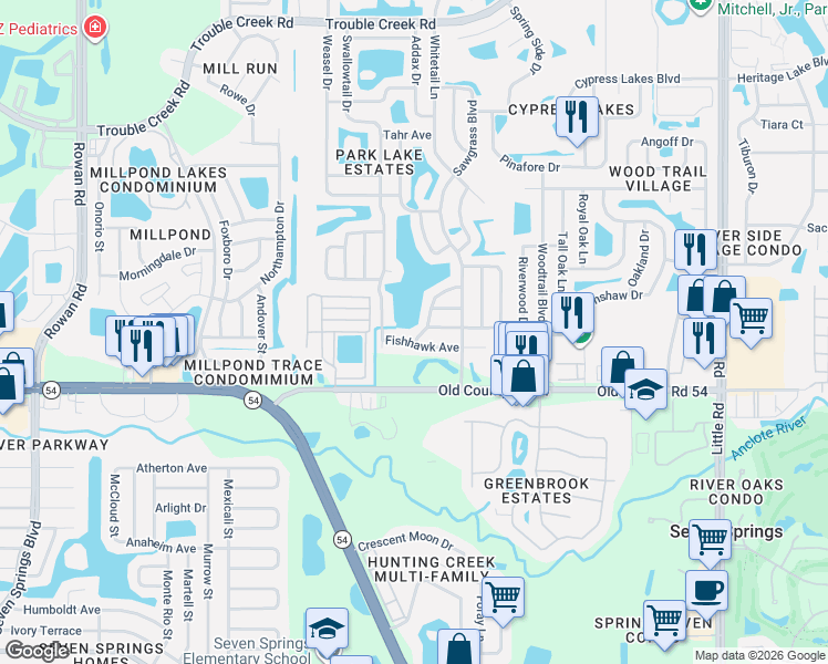 map of restaurants, bars, coffee shops, grocery stores, and more near 4132 Swallowtail Drive in New Port Richey