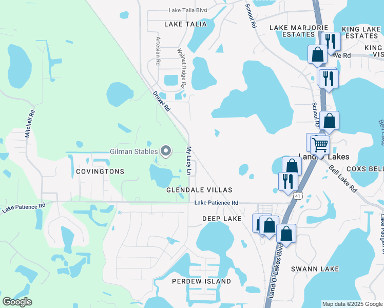 map of restaurants, bars, coffee shops, grocery stores, and more near 20826 Champions Avenue in Land O' Lakes