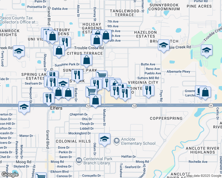map of restaurants, bars, coffee shops, grocery stores, and more near 6037 Chesham Drive in New Port Richey