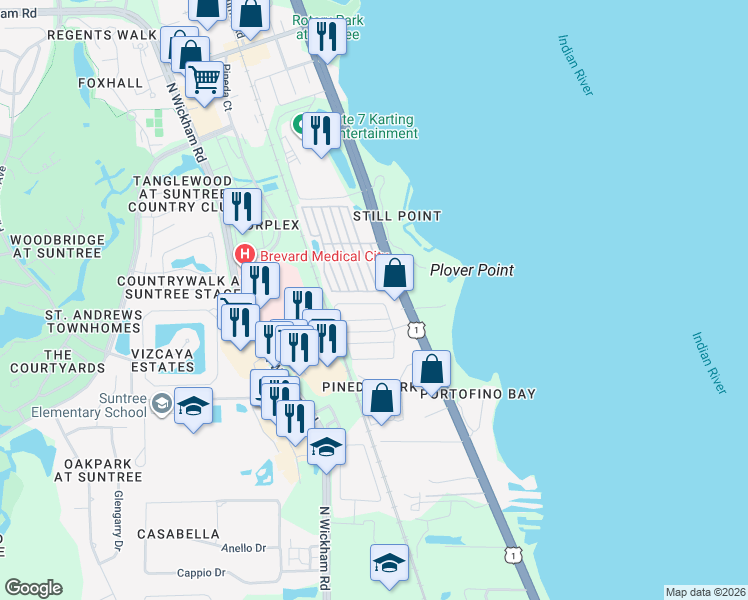 map of restaurants, bars, coffee shops, grocery stores, and more near 76 New York Way in Rockledge