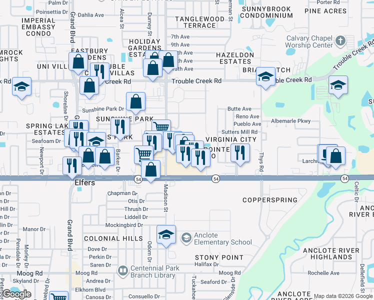 map of restaurants, bars, coffee shops, grocery stores, and more near 6110 Chesham Drive in New Port Richey