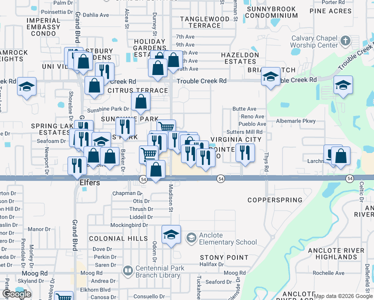 map of restaurants, bars, coffee shops, grocery stores, and more near 6050 Chesham Drive in New Port Richey