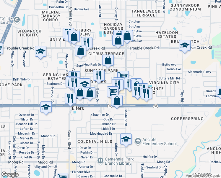 map of restaurants, bars, coffee shops, grocery stores, and more near 5827 Olympia St in New Port Richey