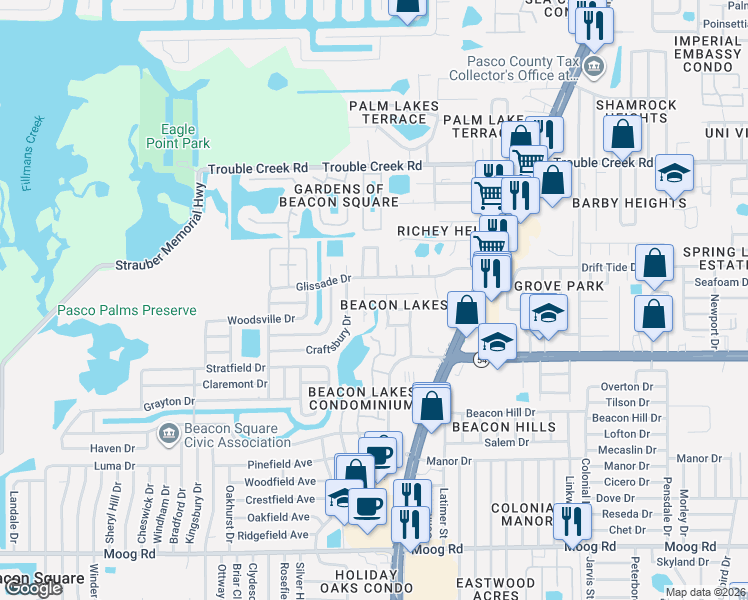 map of restaurants, bars, coffee shops, grocery stores, and more near 4501 Tidal Pond Road in New Port Richey