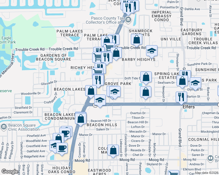 map of restaurants, bars, coffee shops, grocery stores, and more near 4136 Flamingo Drive in New Port Richey