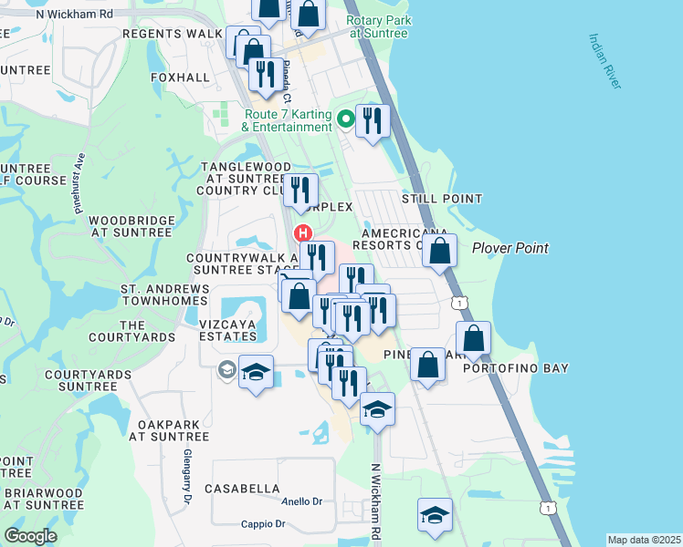 map of restaurants, bars, coffee shops, grocery stores, and more near 6609 North Wickham Road in Melbourne