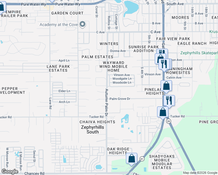 map of restaurants, bars, coffee shops, grocery stores, and more near 4249 Woodstock Boulevard in Zephyrhills