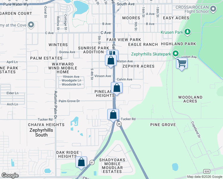 map of restaurants, bars, coffee shops, grocery stores, and more near 4233 Gall Boulevard in Zephyrhills