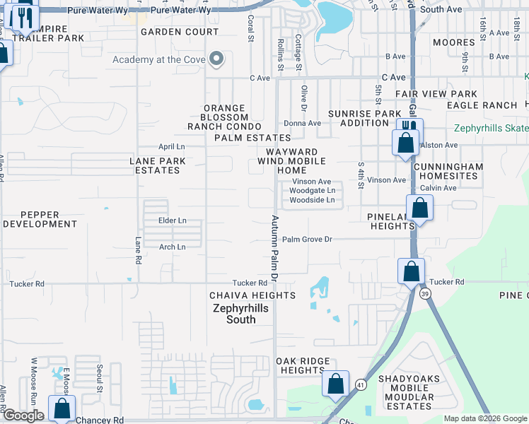 map of restaurants, bars, coffee shops, grocery stores, and more near 4221 Autumn Palm Drive in Zephyrhills