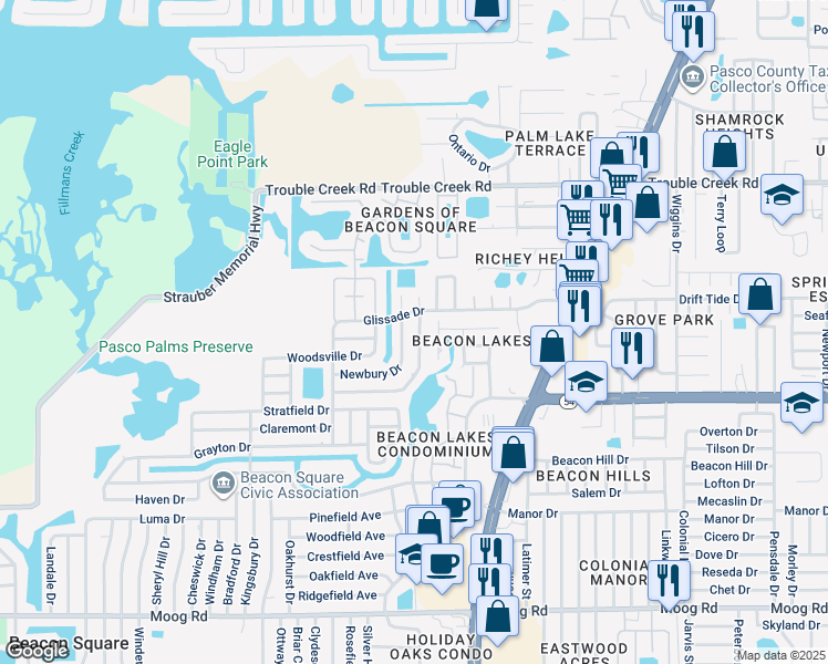 map of restaurants, bars, coffee shops, grocery stores, and more near 4393 Craftsbury Drive in New Port Richey