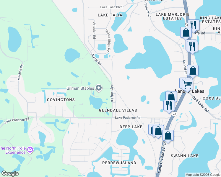 map of restaurants, bars, coffee shops, grocery stores, and more near 20826 Champions Avenue in Land O' Lakes