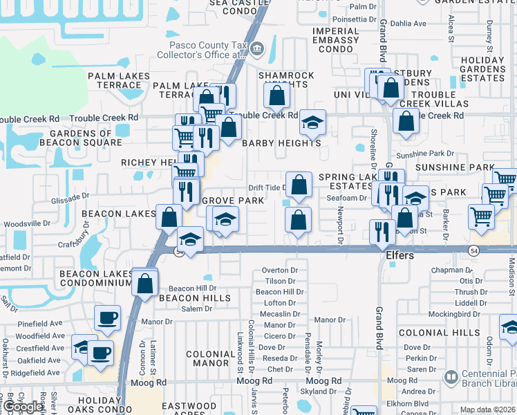 map of restaurants, bars, coffee shops, grocery stores, and more near 5020 Vickers Drive in Port Richey