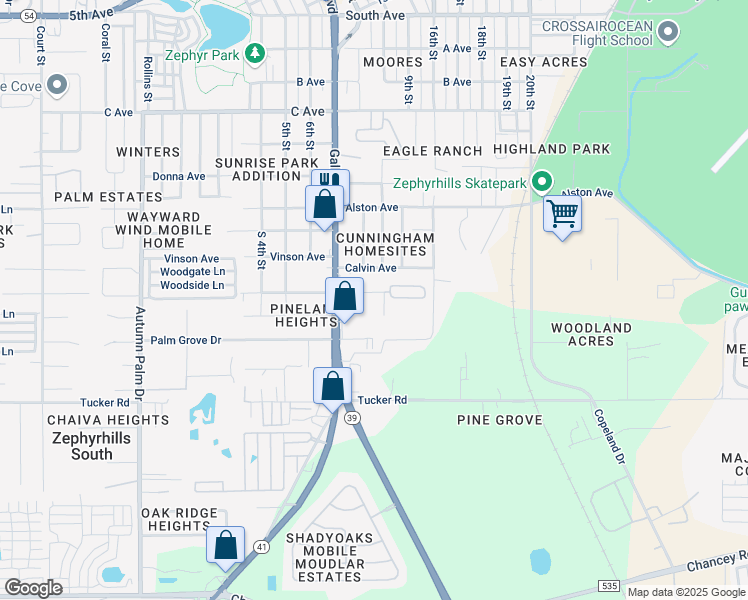 map of restaurants, bars, coffee shops, grocery stores, and more near 38532 Fir Avenue in Zephyrhills