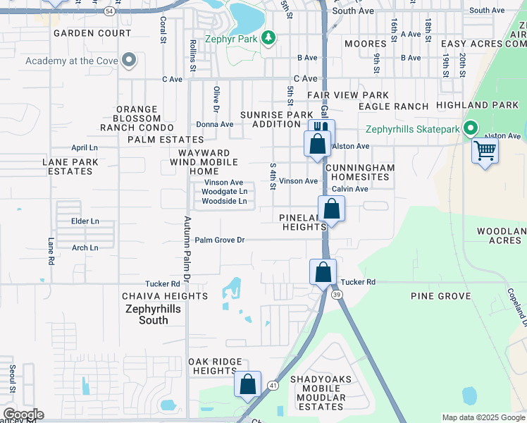 map of restaurants, bars, coffee shops, grocery stores, and more near 38246 Fir Avenue in Zephyrhills