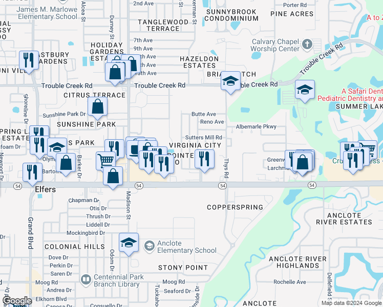 map of restaurants, bars, coffee shops, grocery stores, and more near 4128 Mesa Drive in New Port Richey