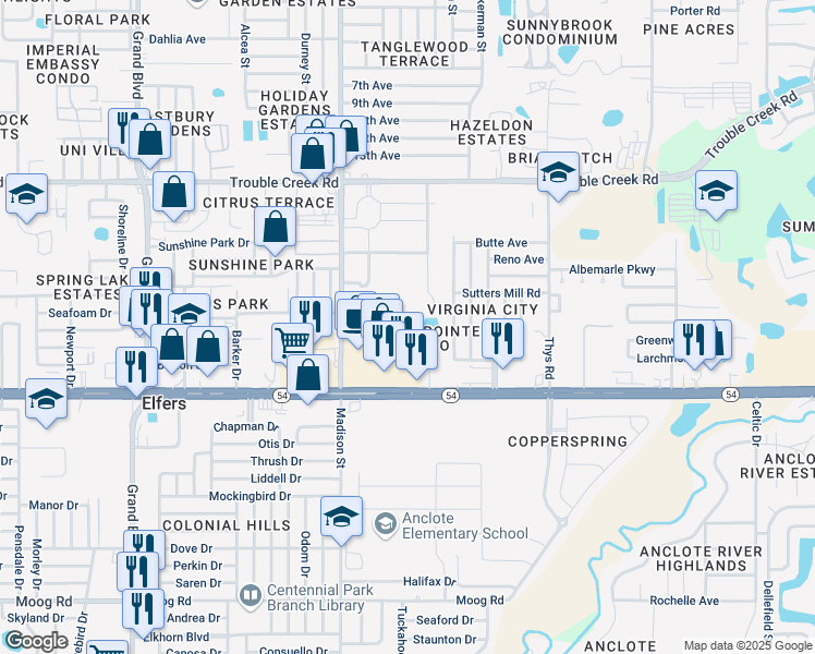map of restaurants, bars, coffee shops, grocery stores, and more near 6125 Chesham Drive in New Port Richey