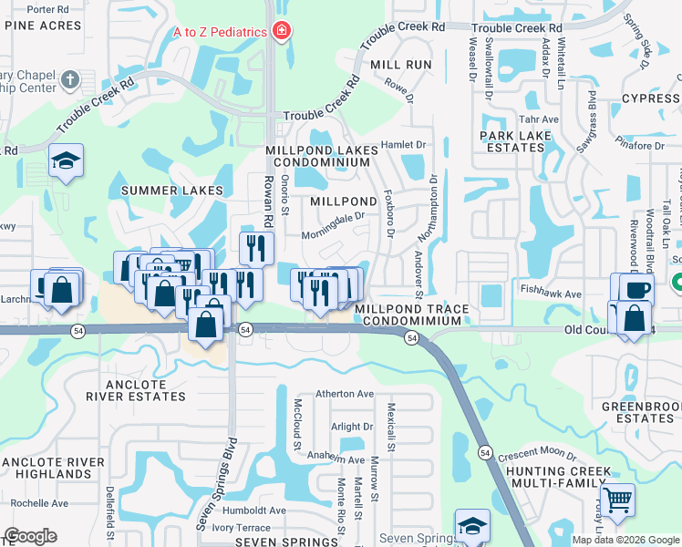 map of restaurants, bars, coffee shops, grocery stores, and more near 7634 Balharbour Drive in New Port Richey
