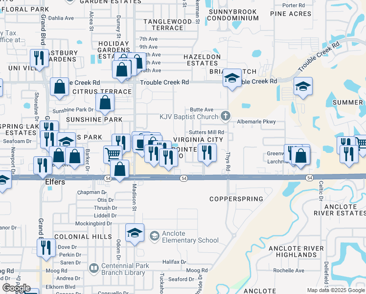 map of restaurants, bars, coffee shops, grocery stores, and more near 4131 Las Vegas Drive in New Port Richey