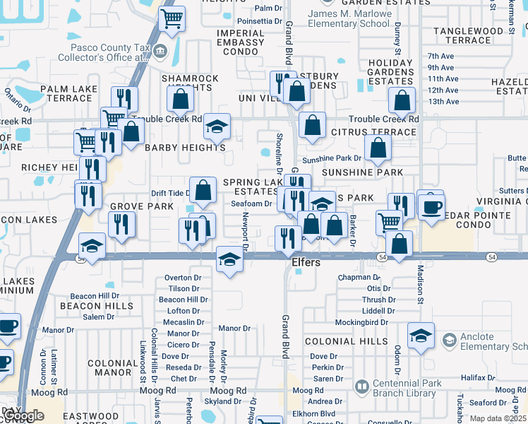 map of restaurants, bars, coffee shops, grocery stores, and more near 5413 Reef Drive in Port Richey