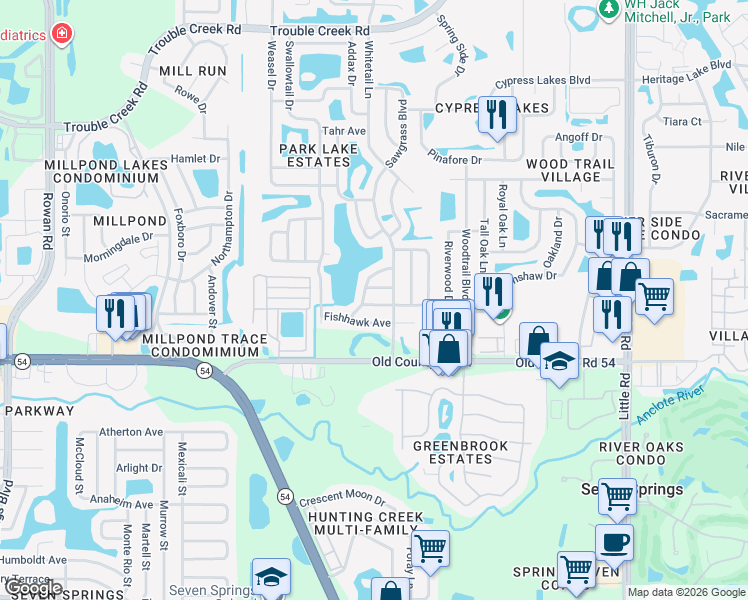 map of restaurants, bars, coffee shops, grocery stores, and more near 4113 Raccoon Loop in New Port Richey