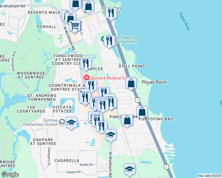 map of restaurants, bars, coffee shops, grocery stores, and more near 223 Cleveland Way in Rockledge