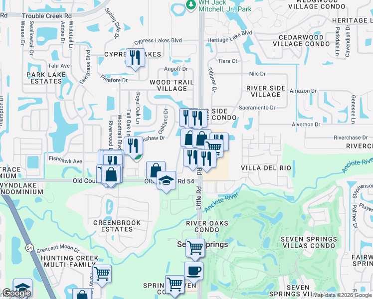 map of restaurants, bars, coffee shops, grocery stores, and more near 4130 Passport Lane in New Port Richey