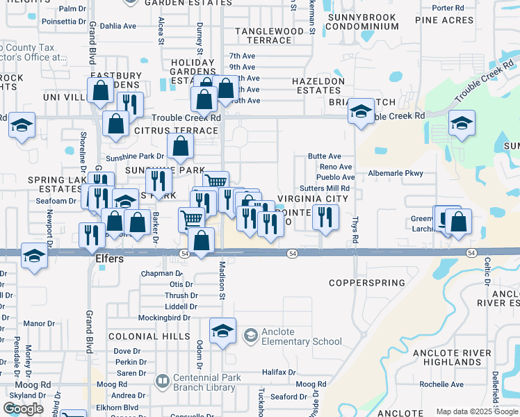 map of restaurants, bars, coffee shops, grocery stores, and more near 6125 Chesham Drive in New Port Richey