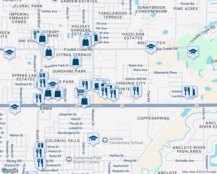 map of restaurants, bars, coffee shops, grocery stores, and more near 6125 Chesham Drive in New Port Richey