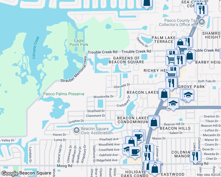 map of restaurants, bars, coffee shops, grocery stores, and more near 4212 Glissade Drive in New Port Richey