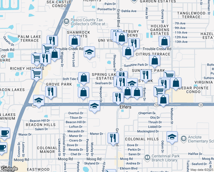map of restaurants, bars, coffee shops, grocery stores, and more near 5403 Reef Drive in New Port Richey