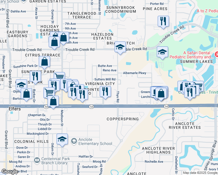 map of restaurants, bars, coffee shops, grocery stores, and more near 4135 Pecos Drive in New Port Richey