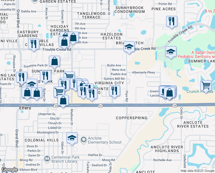 map of restaurants, bars, coffee shops, grocery stores, and more near 4134 Mesa Drive in New Port Richey