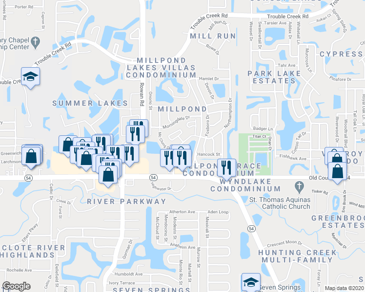 map of restaurants, bars, coffee shops, grocery stores, and more near 7634 Balharbour Drive in New Port Richey