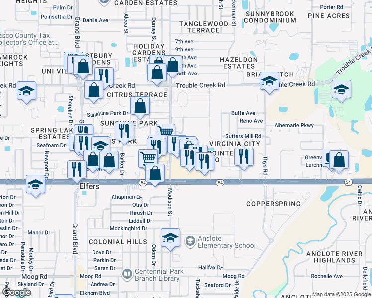 map of restaurants, bars, coffee shops, grocery stores, and more near 6051 Chesham Drive in New Port Richey