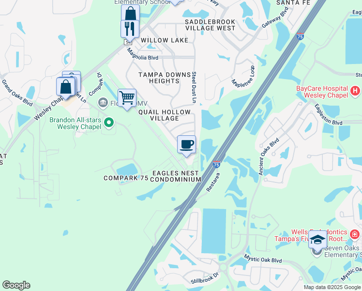map of restaurants, bars, coffee shops, grocery stores, and more near 3189 Birdsong Boulevard in Lutz