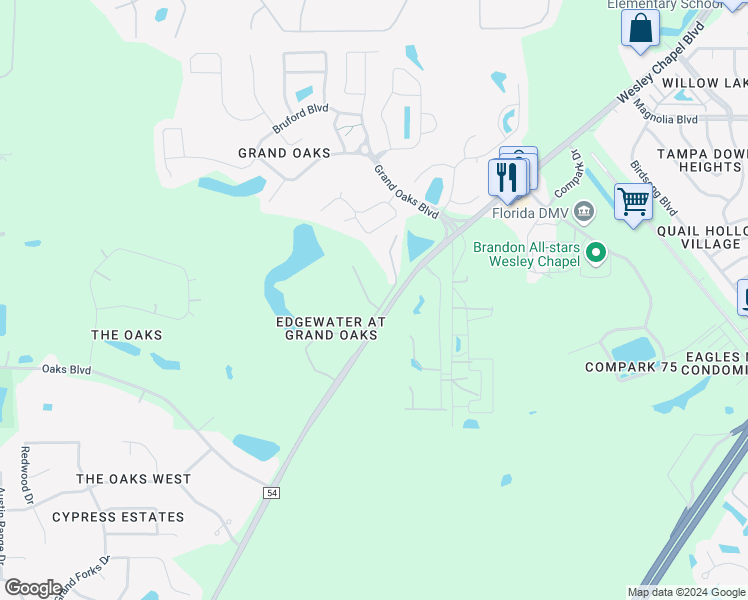 map of restaurants, bars, coffee shops, grocery stores, and more near 4316 Silver Falls Drive in Land O' Lakes