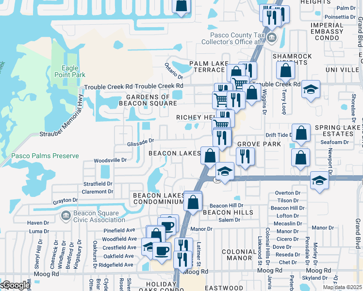 map of restaurants, bars, coffee shops, grocery stores, and more near 4525 Tidal Pond Road in New Port Richey