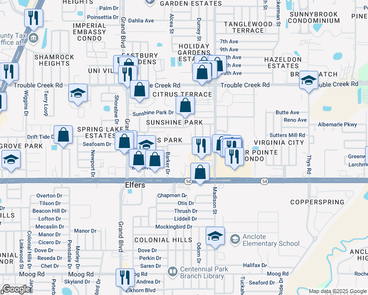 map of restaurants, bars, coffee shops, grocery stores, and more near 5827 Olympia Street in New Port Richey