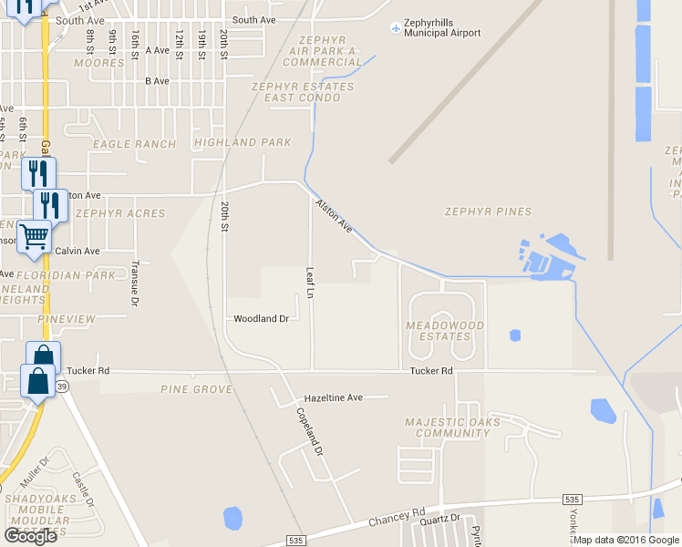 map of restaurants, bars, coffee shops, grocery stores, and more near 39344 Greenmeadow Drive in Zephyrhills