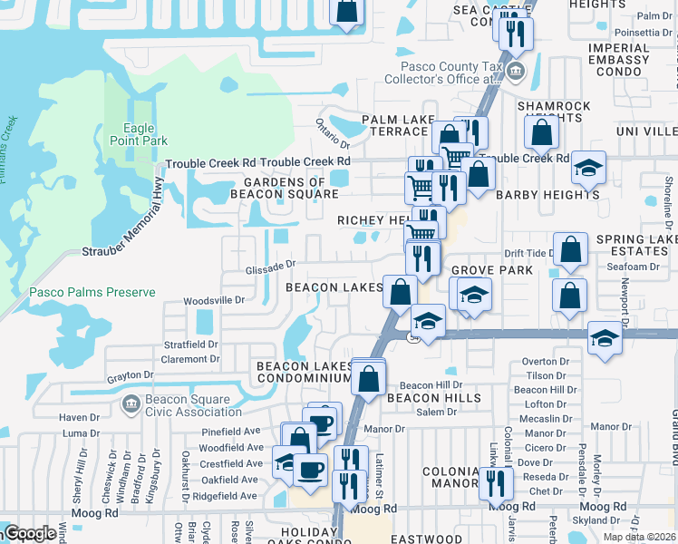 map of restaurants, bars, coffee shops, grocery stores, and more near 4501 Tidal Pond Road in New Port Richey