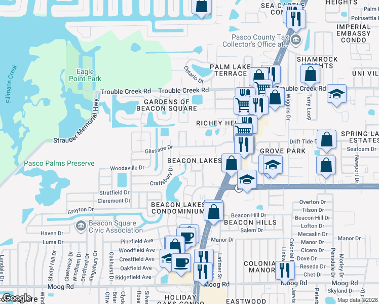 map of restaurants, bars, coffee shops, grocery stores, and more near 4451 Tidal Pond Road in New Port Richey