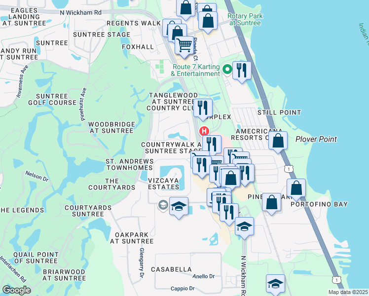 map of restaurants, bars, coffee shops, grocery stores, and more near 309 Pine Ridge Lane in Melbourne