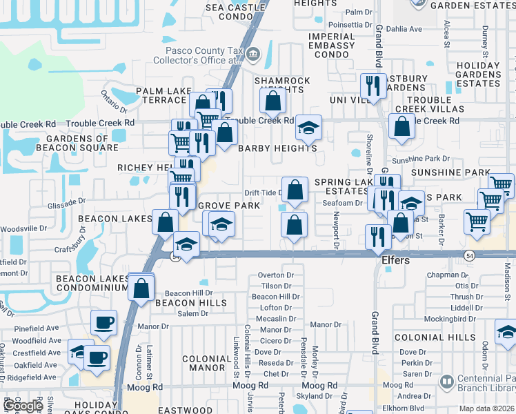 map of restaurants, bars, coffee shops, grocery stores, and more near 5026 Vickers Drive in New Port Richey