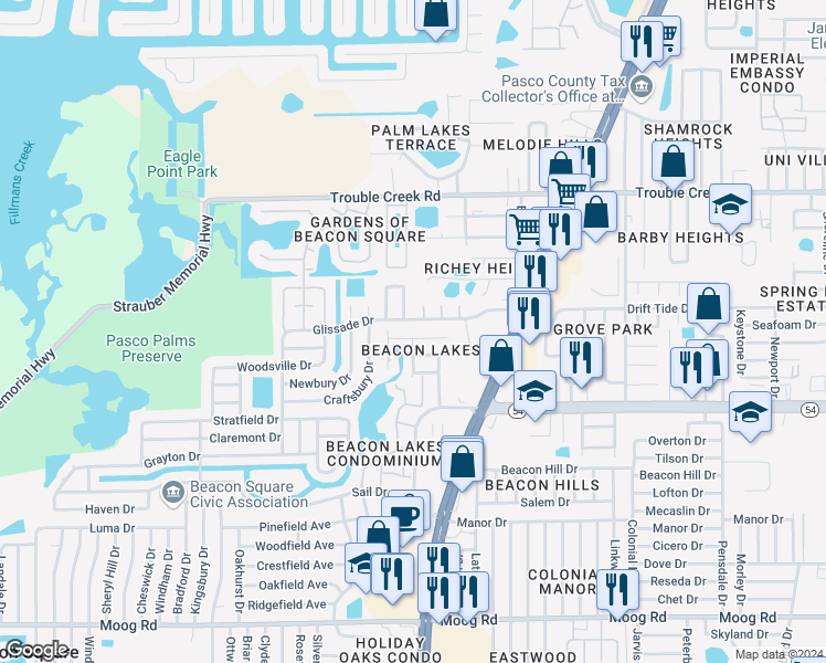map of restaurants, bars, coffee shops, grocery stores, and more near 4501 Tidal Pond Road in New Port Richey