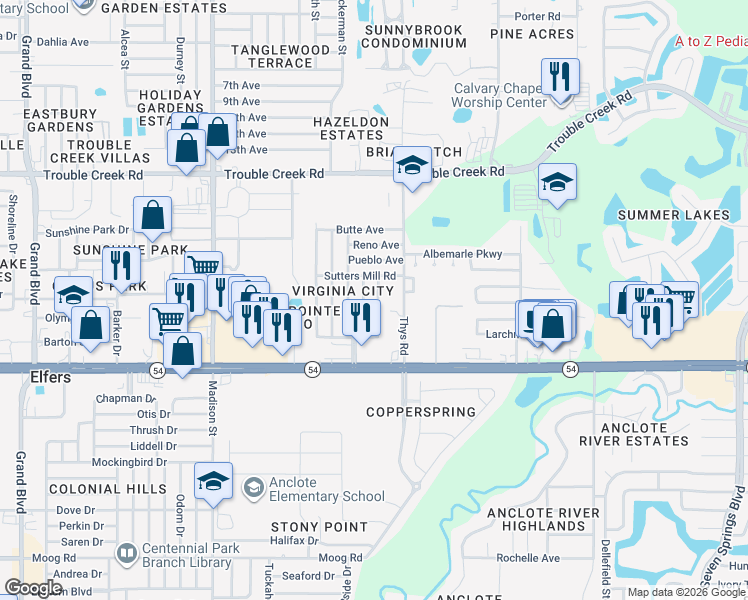 map of restaurants, bars, coffee shops, grocery stores, and more near 4135 Pecos Drive in New Port Richey